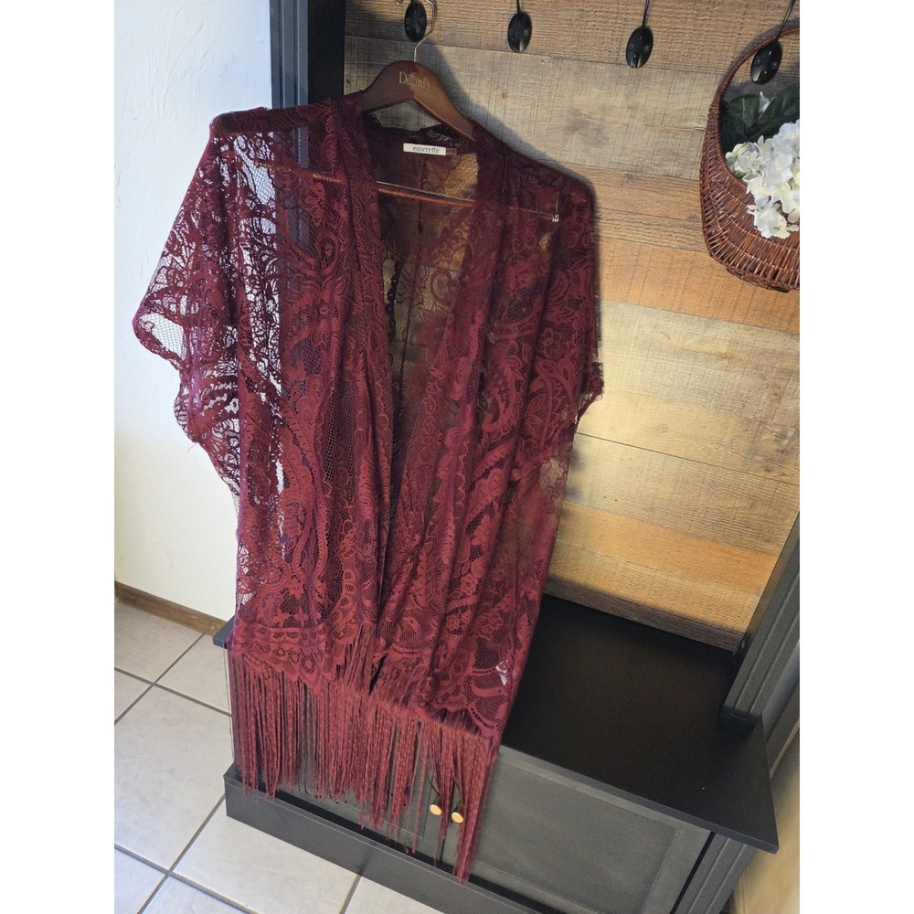 burgundy lace kimono cardigan Fringed Hem